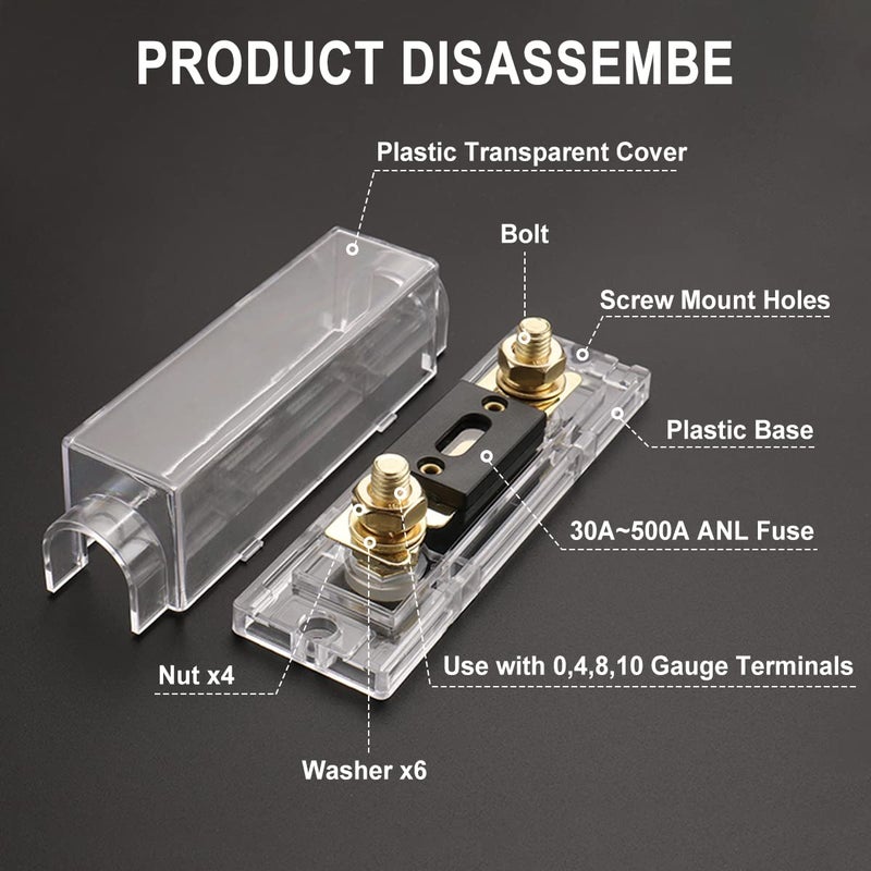 Baomain 1-Pack 60A ANL Fuse Holder Kit with Fuse - Gold-Plated Terminals, for Car Audio, Amplifiers, 12V/24V DC Systems, Compatible with 0/2/4 AWG Wires - Image 2